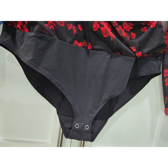 Tahari Floral Mesh Bodysuit With Built-In Tank Black/Red Size L - Picture 3 of 16